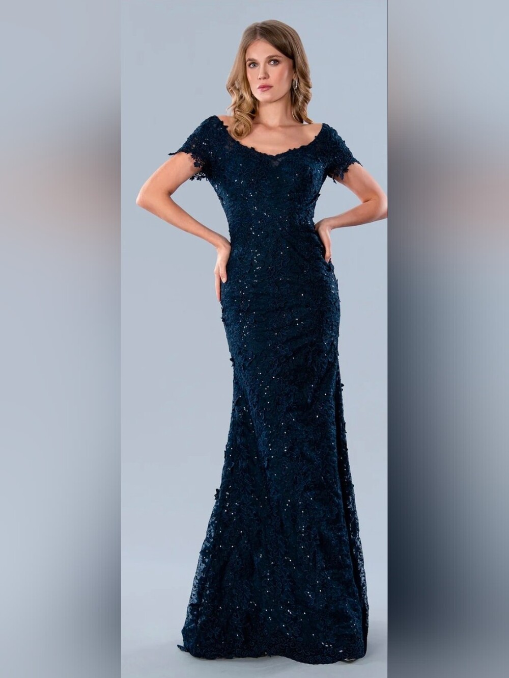 Stella Couture NWT Navy Sequin Embroidered Lace Ball Gown Dress Size 12 #23366